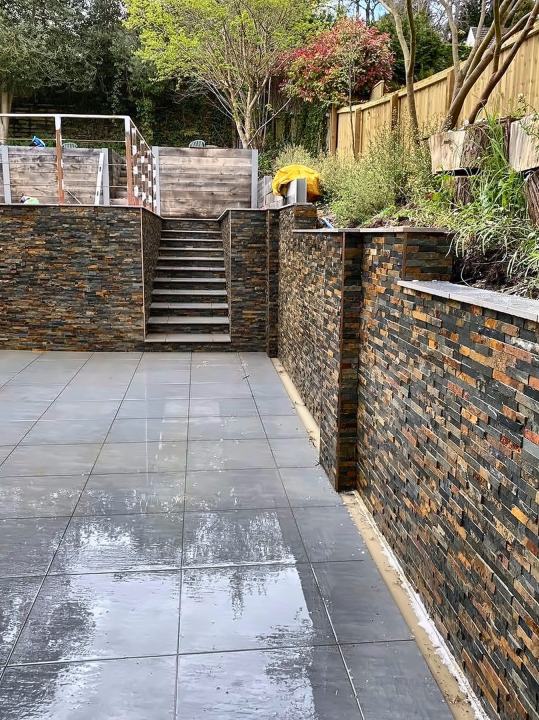 Patio and slate retaining walls